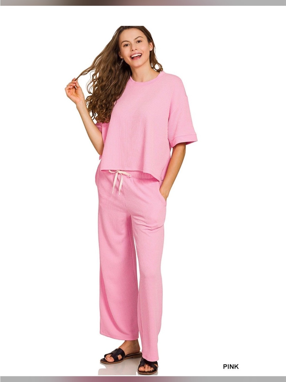 Zenana Outfitters Pink Waffle-Knit Lounge Set